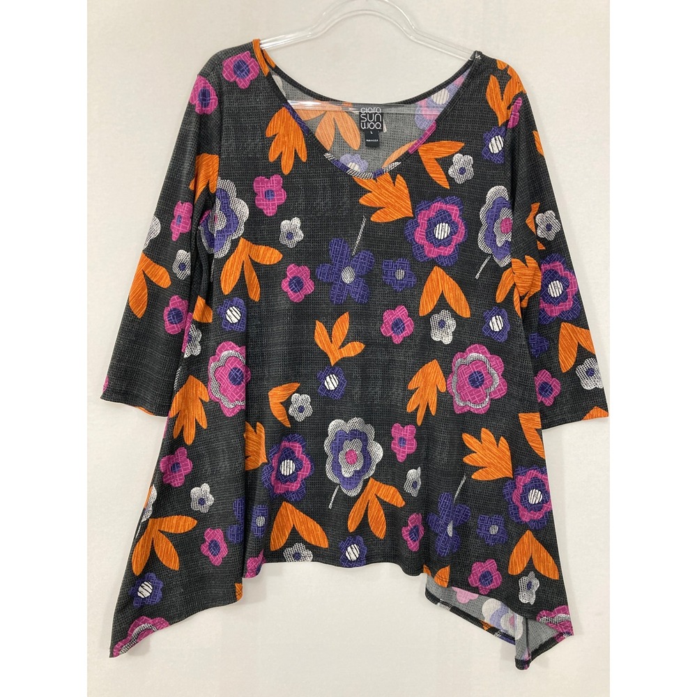 Clara Sun Woo Tunic Large Black Multi Floral V-Neck Shark-bite Hem Stretch Knit